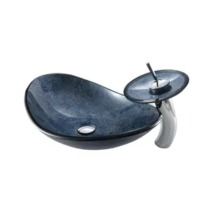 Bathroom counter top oval shape blue color vessel sink wash basin glass
