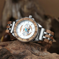 Reloj de madera de lujo Grabado Bisel giratorio Escala de tiempo Calendario Semana Fase lunar Pantalla 20mm Banda de madera Esfera de vidrio Ventana ODM