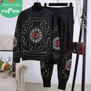 Autumn Winter New Design Sequined unique Beaded embroidery Long Pants Party Outfit Club Two Piece Set For Women Clothing