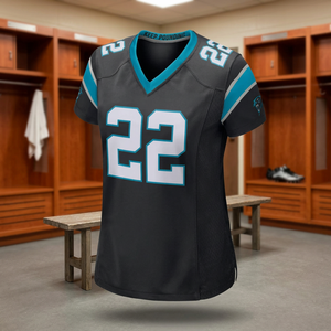 Carolina Panthers Women's #22 Black Football Jersey V-Neck Short Sleeve Moisture Wicking Fitted Apparel - Product Image 3