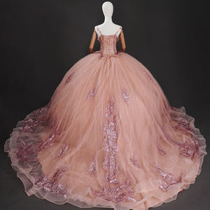 WC044 Pink <b>Chiffon</b> Ball Gown Quinceanera Party <b>Dresses</b> with Floral Appliques Lace-Up Natural Waistline Anti-static for - Product Image 4