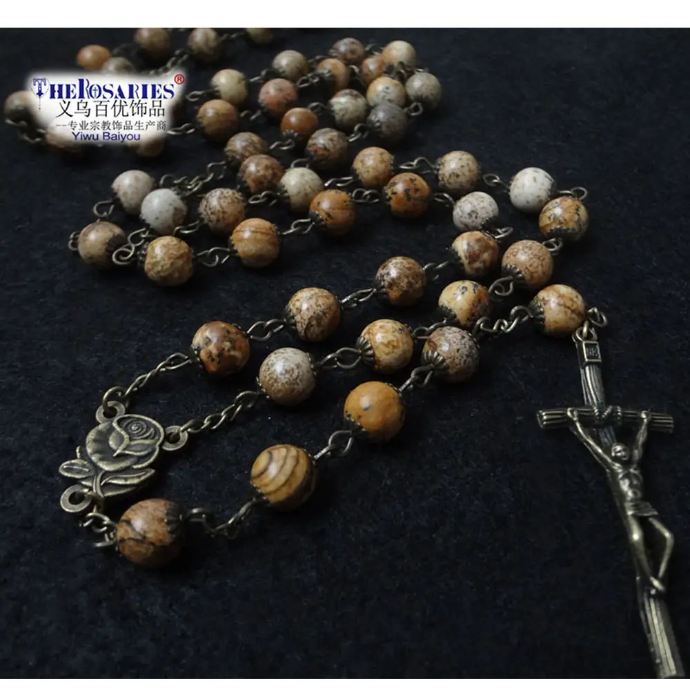 Nature Image Pierre Antique Chapelet Collier Perles Crucifix Catholique Religieux Cadeau Croix