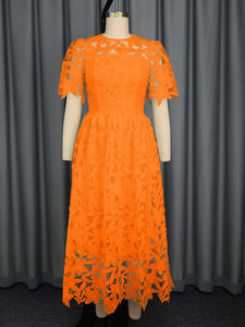 Am050656 thanh lịch O cổ phồng tay áo Rỗng ra Ren Một dòng cao Eo Cam maxi chính thức của phụ nữ ăn mặc giản dị - Product Image 4