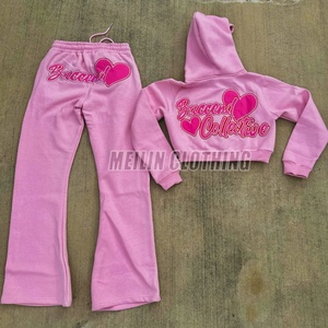 Custom Clothing Manufacturers Oversized French Terry pink Patch Rhinestone <b>Cropped</b> <b>Zip</b> <b>up</b> Hoodies Two Piece Women Sweatsuit Set - Product Image 2