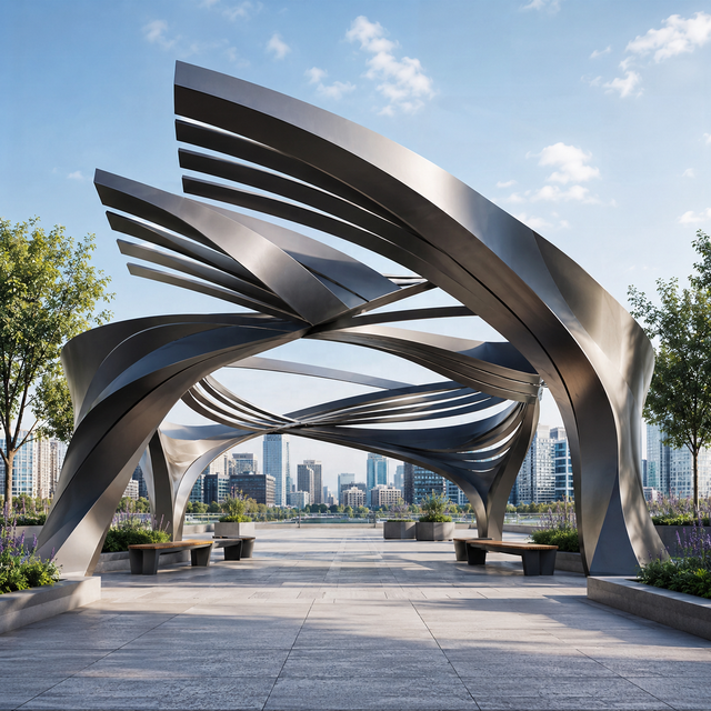 Kinetic Spiral Arch Pavilion Luxury Outdoor Metal Sculpture Modern Architectural Landmark High-End Urban Plaza 3D Design Support