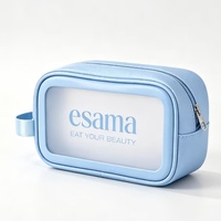 Sac à cosmétiques en PU bleu doux et élégant, sac de voyage imperméable pour maquillage, trousse de toilette transparente avec fermeture éclair, sac de transport pour femmes
