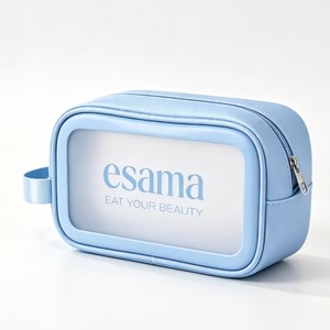 Sac à cosmétiques en PU bleu doux et élégant, sac de voyage imperméable pour maquillage, trousse de toilette transparente avec fermeture éclair, sac de transport pour femmes - Product Image 6