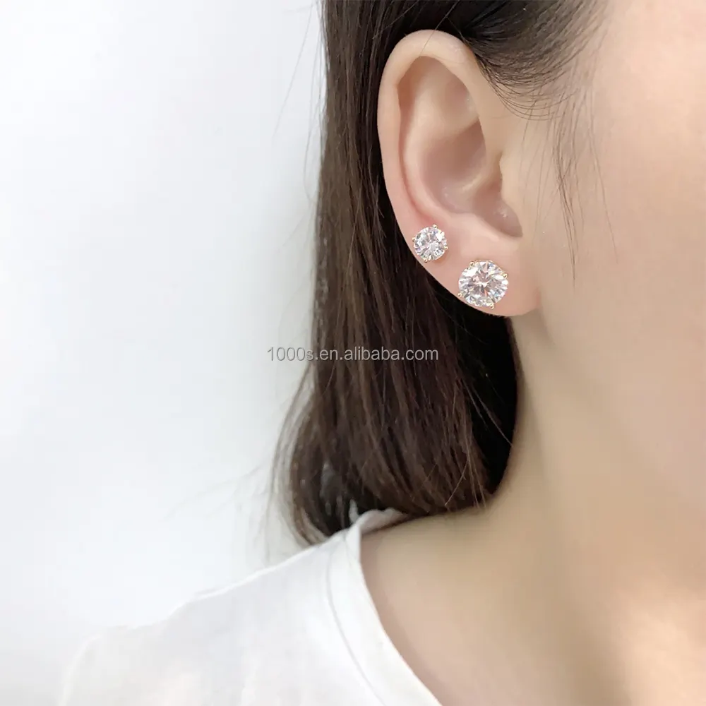 Boucles d'oreilles rondes en zircon de 4 à 9mm en or véritable 14 carats de conception classique pour femmes