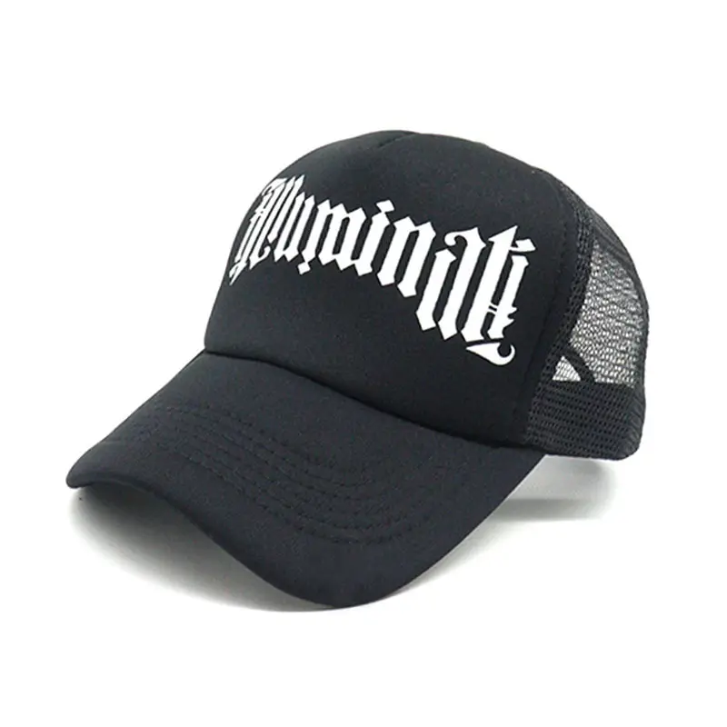 Venta al por mayor personalizado de alta calidad de 5 paneles de ala curva de algodón negro Unisex logotipo estampado de secado rápido Gorras deporte camionero gorra de malla gorra