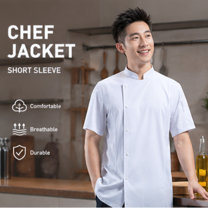 Nouvelle combinaison de chef super-élastique et ajustée pour homme, à manches courtes, respirante, en polyester gaufré, pour la <span class=keywords><strong>restauration</strong></span> et la cuisine - Product Image 2