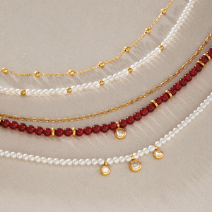 Collana a strati J&D in acciaio inossidabile placcato oro 18 carati con perline, agata rossa, perle sintetiche e ciondolo CZ, regolabile, stile vintage boho elegante, <span class=keywords><strong>gioielli</strong></span> da donna - Product Image 2