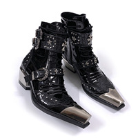 Stivaletti Chelsea Unisex Estivi Invernali Stile Western Patchwork con Borchie, Tacco Grosso Rialzato, Punta Affusolata, Stile Punk Metallico