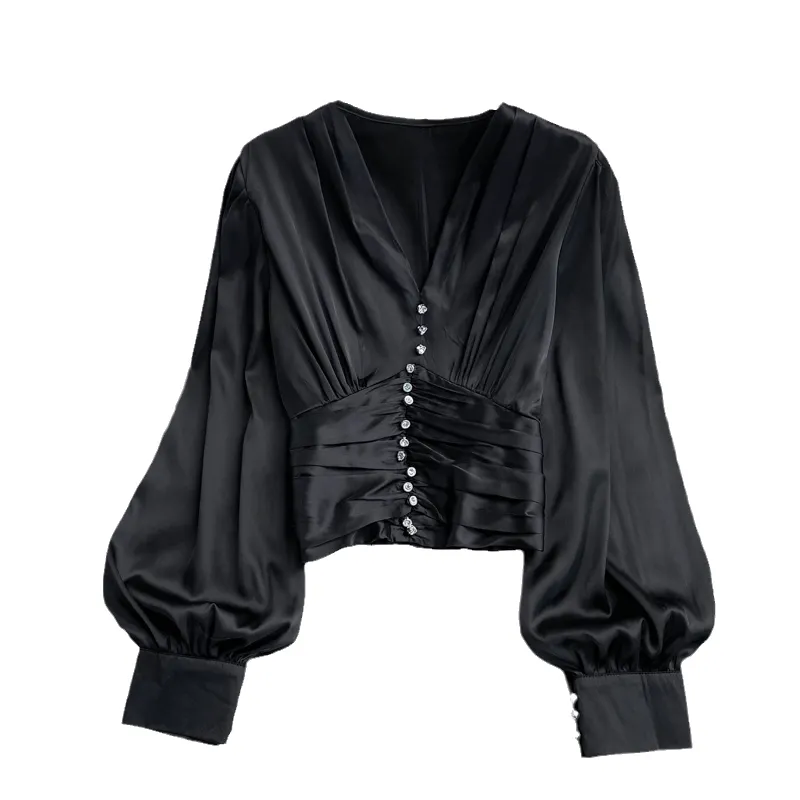 2023 High-end light luxury satin V-neck long-sleeved shirt women's fashion fold chic short top