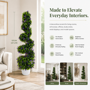 Arbre artificiel en spirale de lavande de 120 cm dans un pot blanc, feuillage vert, fleurs violettes, pour patio, mariage, décoration intérieure - Product Image 4
