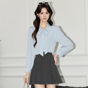 Peter Pan Collar Long Sleeve Shirt Solid Color <b>Polyester</b> Women's Blouse Everyday Wear - Product Image 3