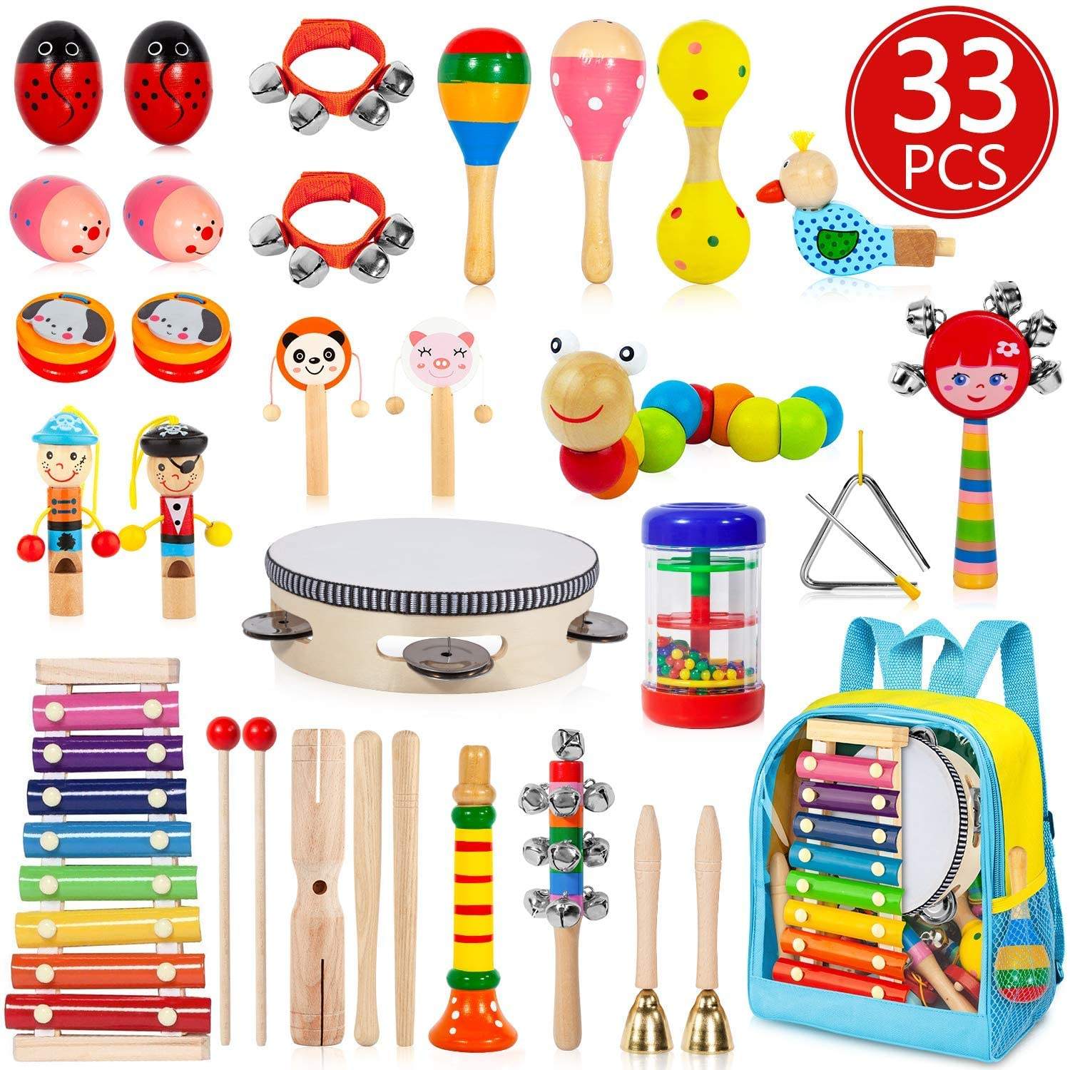 Hot Selling Kids Musical Instruments Wooden Instruments Preschool Educational Learning Musical Toys with Storage Backpack Bag