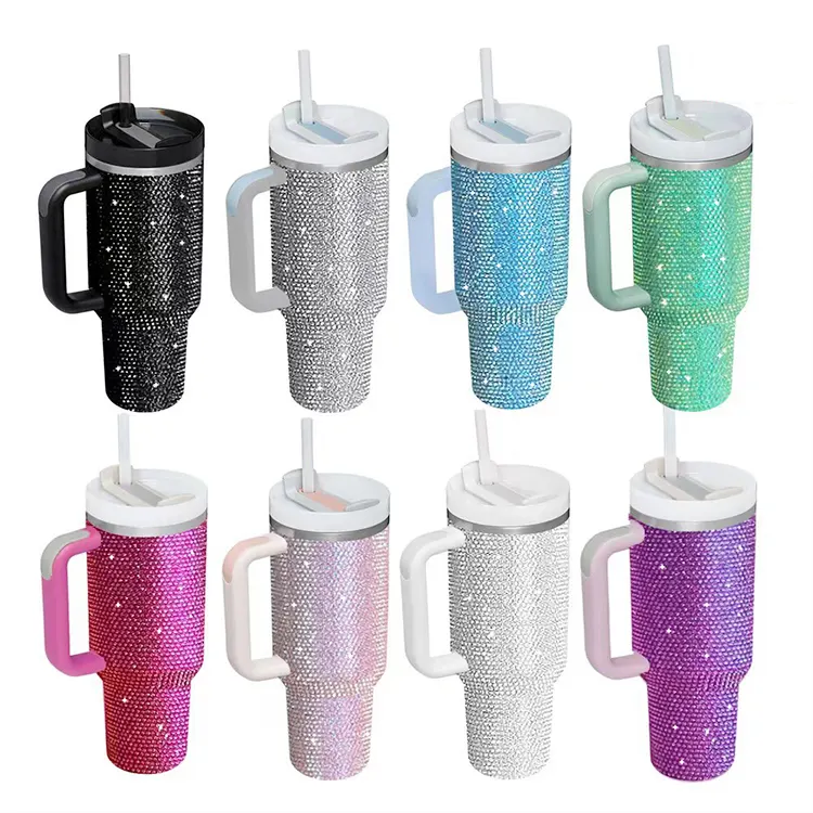 Tasse de luxe en strass faite à la main Tasse à café isolée sous vide en acier inoxydable Bling 40oz Tumbler avec paille en strass