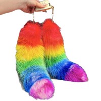 Porte-clés en fourrure de renard véritable de grande taille, fait à la main, mignon, arc-en-ciel, grande queue, design original, pendentif en fourrure de renard, pendentif en peluche pour sac