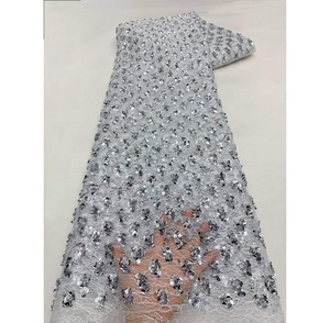 Tela de encaje de red africana blanca al por mayor, tela bordada con lentejuelas para <span class=keywords><strong>vestidos</strong></span> de <span class=keywords><strong>fiesta</strong></span> de mujer, 5 yardas - Product Image 1