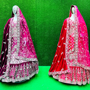 Splendeur nuptiale majestueuse : 10 designs exquis de sharara farsi, dupatta en velours luxueux à volants volumineux pour lehenga choli - Product Image 1