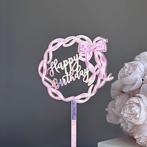 ท็อปเปอร์เค้กอะคริลิค ลายโบว์ สุขสันต์วันเกิด ตกแต่งเค้กสำหรับงานปาร์ตี้ - Product Image 3