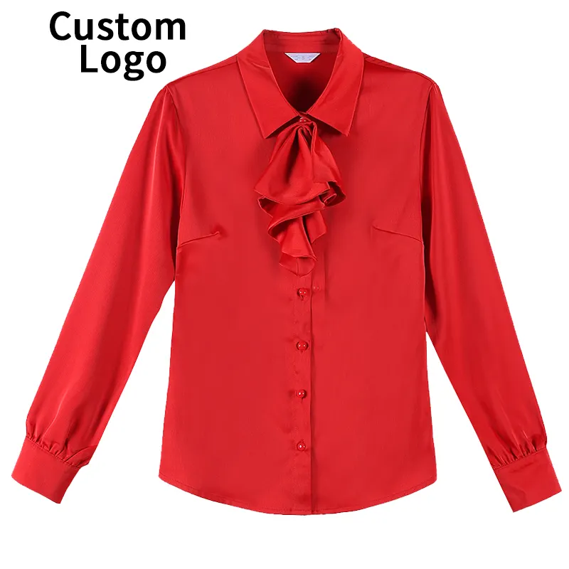 Wholesale Lined Ruffle Front Silk Chiffon Lady Clothing Designer Flowy Pleated Women Blouse Shirt