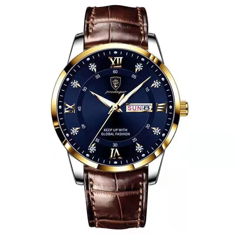 2 blue dial silver gold case brown strap