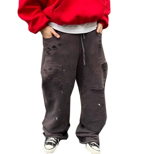 Wholesale 100% Cotton French Terry Paint Style Baggy <b>Carpenter</b> <b>Pants</b> Classic Distressed Fade Washed Double Knee <b>Men's</b> <b>Pants</b> - Product Image 3