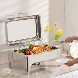 Attrezzatura per Catering di Qualità, Chafing Dish a Gas in Acciaio Inox Rettangolare 9L con Finestra in Vetro Argento per Buffet - Product Image 1