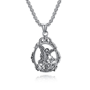 Collana con Catena in Acciaio Inossidabile Stile Bambù, Vintage Artistico Retrò Europeo Americano, con San Michele Arcangelo, <span class=keywords><strong>di</strong></span> Grande <span class=keywords><strong>Personalità</strong></span> e <span class=keywords><strong>di</strong></span> Nicchia - Product Image 5