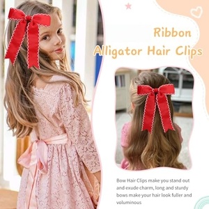 En gros, Pince à cheveux personnalisée avec nœud en ruban à motif lune, Pince à cheveux douce à longue queue pour filles, Pinces à cheveux crocodile en ruban gros-grain - Product Image 5