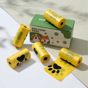 Sacs à déjections canines biodégradables jaunes avec motif patte, épais, portables, pour l'élimination des déchets d'animaux, 15 rouleaux, écologiques - Product Image 1