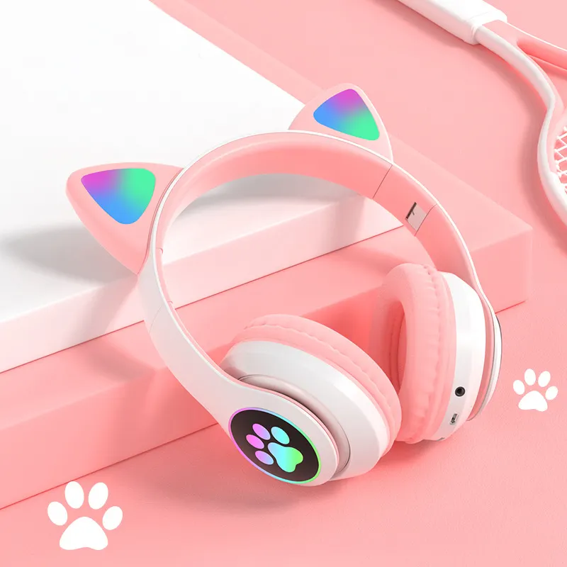 Wholesale Custom Cheapest Waterproof Gamer Earphones Pink Cute Cat Ear Headphone Wireless BT Gaming Headset Headphones for Girls