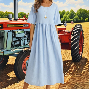 Robes d'été décontractées en coton et lin, maxi, respirantes, écologiques, lavables, non tissées, taille naturelle, manches courtes, vente flash - Product Image 2