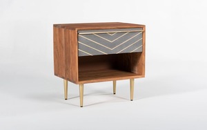 Mesita de Noche Moderna de Madera de Acacia con 1 Cajón, Calidad Premium, Hecha a Mano, Acabado Miel, Muebles de Dormitorio, Patas de Acero Suave, Cemento - Product Image 6