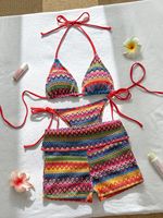 TW 2026 Bikini 2 Potong Wanita Model Halter Bergaris Seksi dengan Celana Pendek, Pakaian Renang Tanpa Punggung Modis, Grosir Kustom