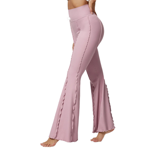 Custom Solid Pink Ribbed High Waist Lettuce Trim <b>Flare</b> Yoga <b>Leggings</b> Spandex/Nylon Breathable Gym Fitness with Back Pocket - Product Image 1