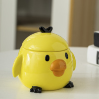 Tasse en céramique peinte à la main en forme de poussin de dessin animé avec couvercle - Tasse à café ou à thé de Pâques personnalisée en gros