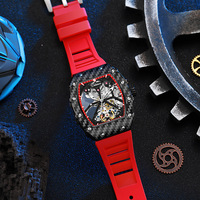 Montre squelette mécanique manuelle pour homme TIME TOKEN, lumineuse, étanche 3 ATM, boîtier tonneau en fibre de carbone, verre saphir