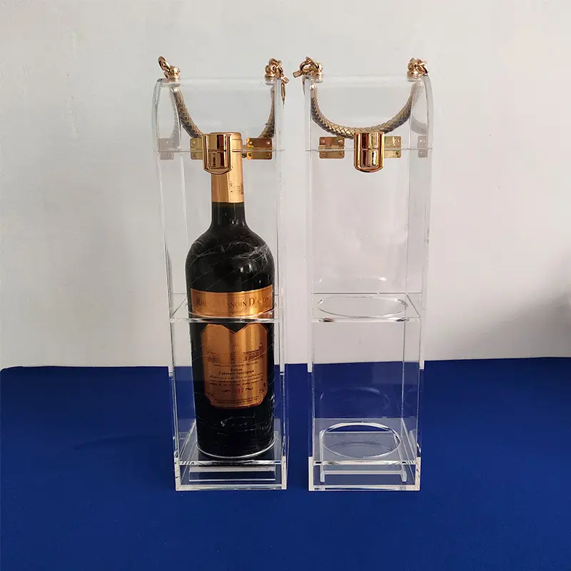 Luxus klare Acryl Wein Geschenk box mit Gold griff benutzer definierte Acryl Top Weinflasche Geschenk box Lucite Weinflasche Vitrine