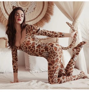 Tuta Sexy in Rete con Stampa Leopardata per Donne, Bodystocking con Apertura all'Inguine e Schiena Scoperta, Costume da Gatta per Giochi di Ruolo, Outfit per Feste di Halloween - Product Image 6