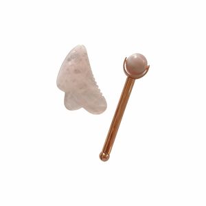 Rouleau de massage facial en quartz rose et planche de gua sha avec poignée en métal de haute qualité - Product Image 1