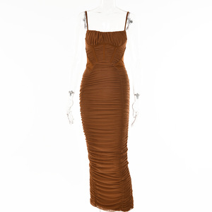 Robe de cocktail longue plissée dos nu pour femme, à fines bretelles, taille naturelle, élégante et moulante - Product Image 5