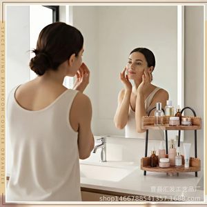 Wooden Vanity Cosmetic Storage Rack 2 Tier Circular Freestanding For Personal Care Products <b>Bathroom</b> Shelves - Product Image 5