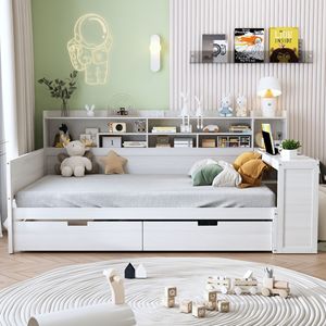 Children's Bed With Desk And Bookshelf White <b>Storage</b> Drawers Bedroom Furniture For <b>Kids</b> - Product Image 2