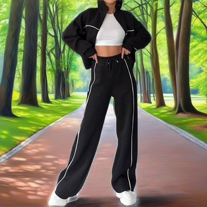 Vêtements de rue décontractés pour femmes ensemble deux pièces chemise mi-longue recadrée personnalisée pantalon droit 100% coton survêtement bas séparément - Product Image 2