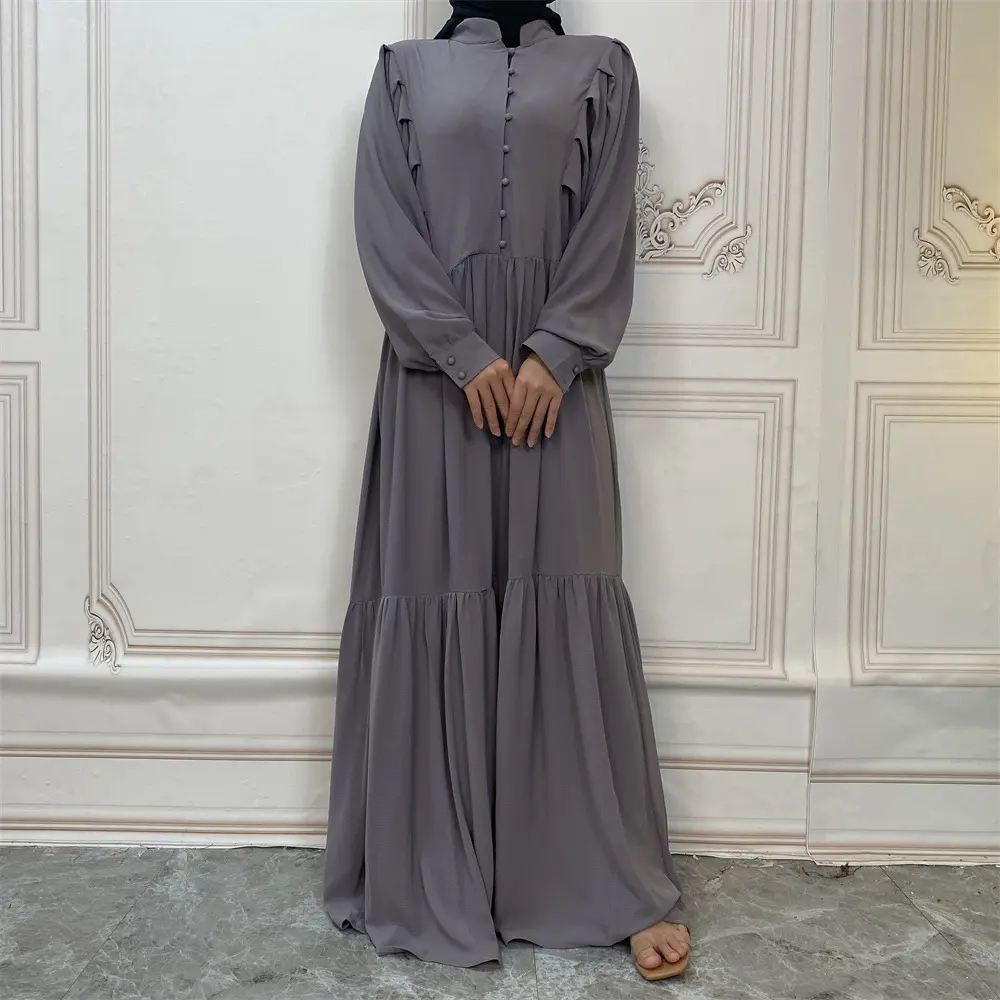 Yibaoli Manufacturer islamic clothing 6 colors chiffon pleated qatar abaya designs buttons musulmane women muslim dress turkey