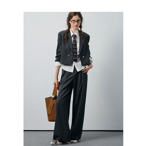 Vega Chang Donkere Grijze Pak Voor Dames Set Cropped Blazer Met Dubbele Rij Knopen En Wijde Pijpen Oversized Casual Chic Look - Product Image 1