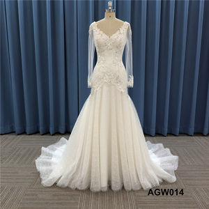 5866-XUJO-Tulle Dentelle Semi-transparente Col en V Longue traîne Robes de mariée <span class=keywords><strong>Robe</strong></span> de mariée en ligne A avec manches - Product Image 5