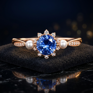 Anillo de Lujo con Acento de Gema Azul Redonda, Engaste de Garra, Halo de Diamantes para Mujer, Oro 10K 14K 18K, Plata 925 935, Regalo de Boda - Product Image 1